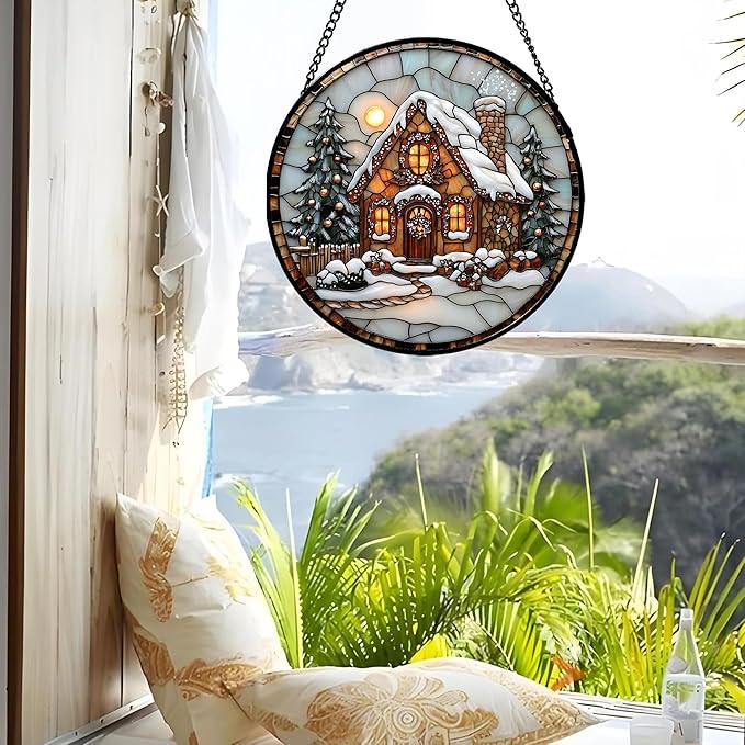 Stained Glass Window Hanging - Christmas Tree Cottage Sun Catcher for Door Garden Home Winter Decor Snowy Night Suncatcher Mother's Day Birthday Gifts for Women Men Mom Nana 7.8 in