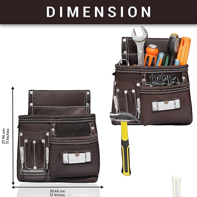 FUERI 11 Pocket Leather Tool Belt fot Men, Comess with Dual hammer holster Organizer for Carpenter, Construction, Electrician