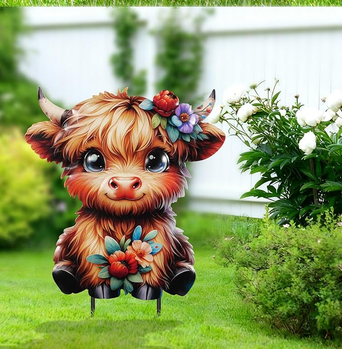Highland Cow Metal Garden Stakes 12.6” Decorative,Outdoor Garden Highland Cow Decor Stake,Birthday Gifts for Mom Women,Decorative Metal Housewarming Ornament for Lawn Patio Yard Pathway.