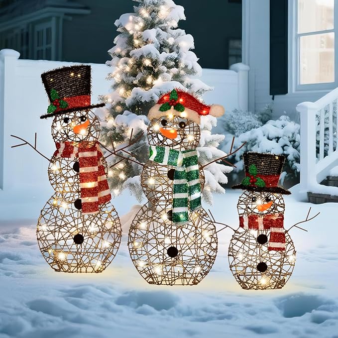 3-Piece Lighted Snowman Family Set - Large 2D Outdoor Christmas Yard Decoration with 80 Warm White LED Lights, Holiday Display for Lawn & Garden - Rattan