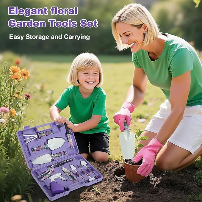 Gardening Gifts for Mom Kit with Purple Flower Print,Garden Hand Tool Set for Women Mothers Day Birthday Gift