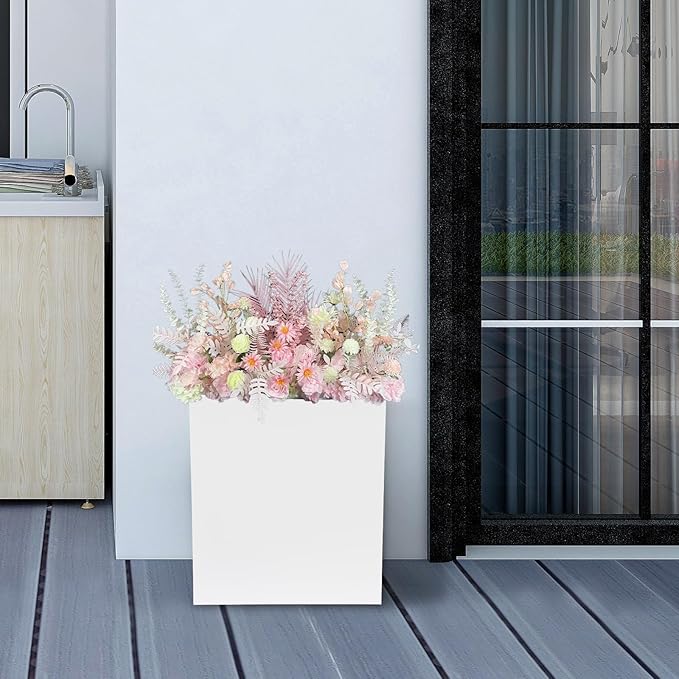 Metallic Heavy Planter Box, Large Metal Planter with Removable Insert Shelf for Outdoor/Indoor, Tall Trees, Plants, Flowers, Easy Assembly (White, 18 * 18 * 20inch)