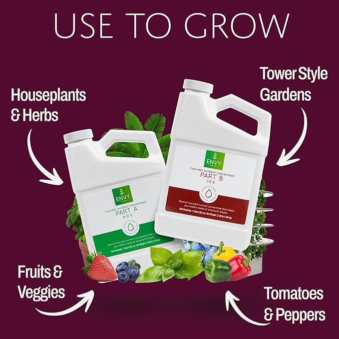 ENVY Hydroponic Plant Food A & B – Two-Part Liquid Nutrient for Indoor/Outdoor Plants – Supports All Growth Stages – Soil, Coco, Hydroponics, DWC – Quart Set