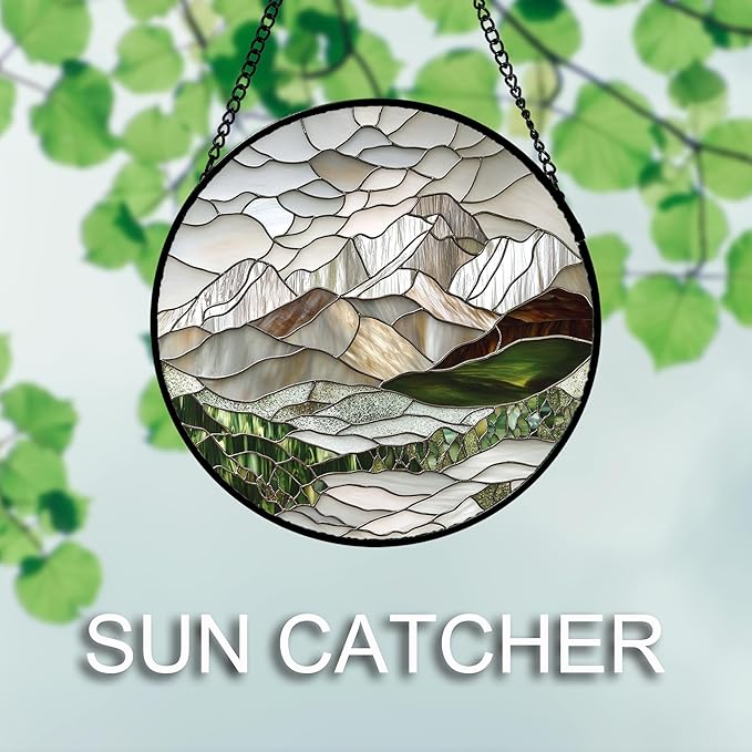 Stained Glass Window Hanging 4 Pcs Set Mountain River Landscape 6.3" - Suncatcher Door Garden Sun Catcher Decor Birthday Mother's Day for Mom Woman Nana Girl Boy Friend