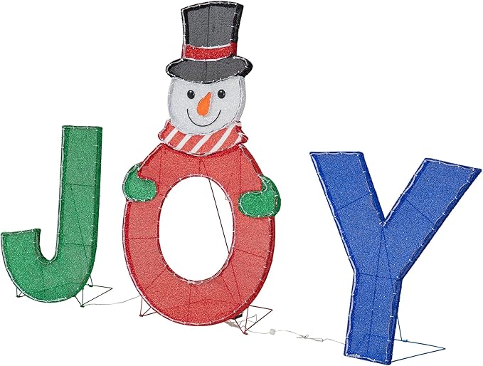SUNJOY 4 FT Large Christmas Lighted Joyous Snowman, 2D Tinsel Santa Joy Display Set Outdoor Garden Yard Lawn Festive Holiday Decoration with Lights for Indoor & Outdoor