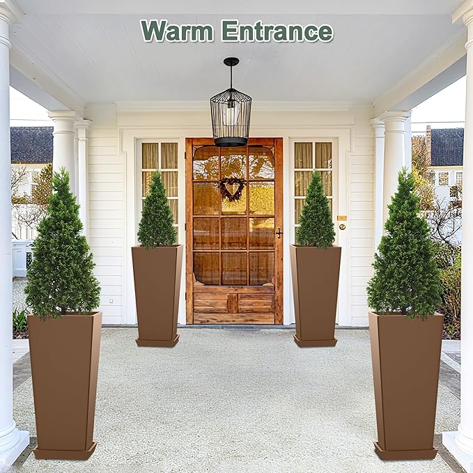 Set of 2 Large Planters for Outdoor Plants 24" Tall Tapered Modern Flower Pots with Drainage Tray for Garden, Patio, Porch (Brown)