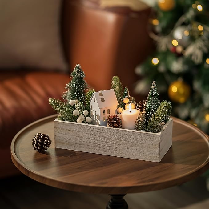 NUPTIO Wooden Box Centerpiece for Table: 2 Pcs 11.8" Long Wood Rectangle Planter Boxes - Farmhouse Washed White Planters for Fall Wedding Dining Living Room Window Mantel Table Decor