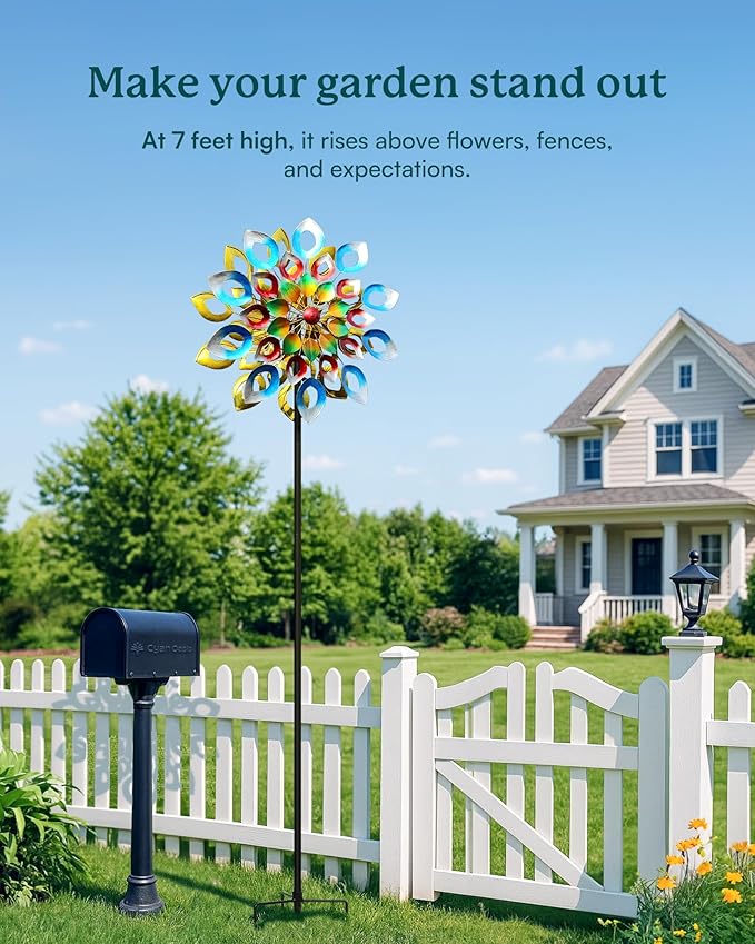 Yard Garden Wind Spinners with Stake - Large Outdoor Metal Wind Spinners, Lawn Yard Art Garden Decor (24" W x 84" H)