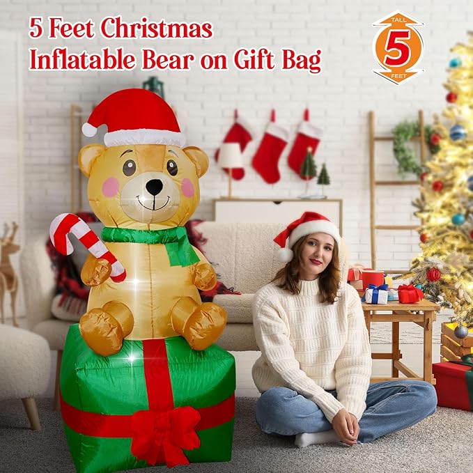 Christmas Inflatables Bear on Gift Box Lighted Yard Lawn Inflatable Decoration with Built-in Fan and Stakes Ropes Holiday Party Decor, Christmas Decor (5FT- Bear on Giftbox)