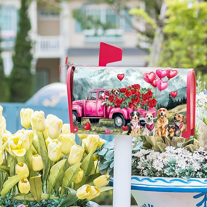 Mailbox Cover Magnetic Valentine Truck Dog Flowers Mailbox Wrap Post Cover Standard Size 21x18 Inch for Garden Yard Outdoor Outside Patio Wedding Holiday Decor