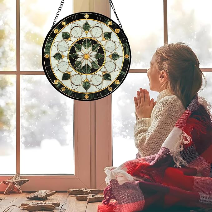 Stained Glass Window Hanging - Black and White Green Boho Sun Catcher for Door Home Decor Flower Suncatcher Christmas Mother's Day Birthday Gifts for Women Men Lovers Mom Nana 6.3 in