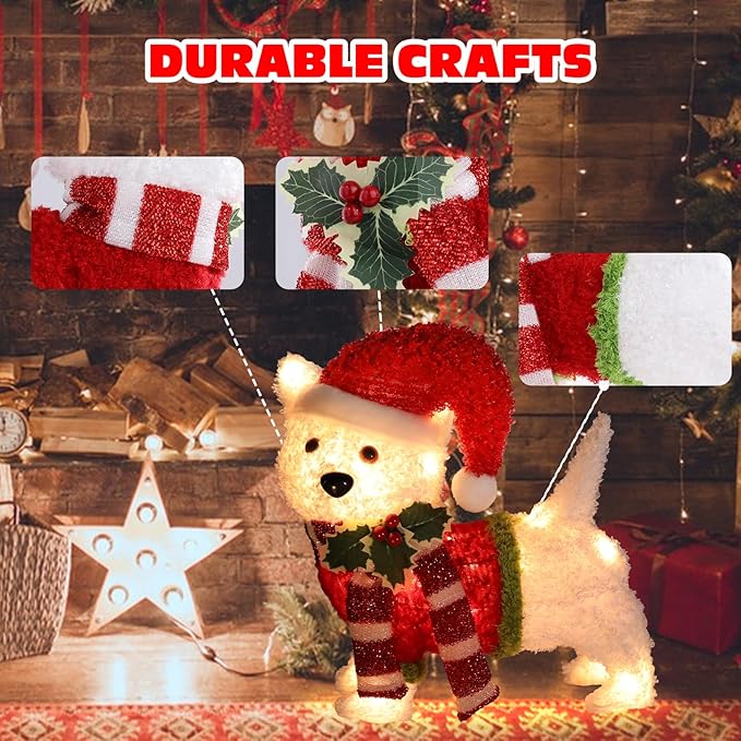 Christmas Outdoor Decoration Lighted Dog 14" Xmas 25 LED Warm Lights 3D Decor Indoor, Battery Powered Outdoor Holiday Decorations for Home, Yard, Garden