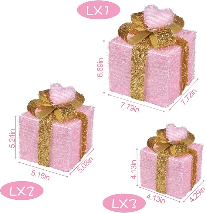 Pink Christmas Decor Light up Gift Boxes with Heart, Light up Xmas Boxes with Battery Operated for Wedding Christmas Valentine's Day Decorations Indoor and Outdoor (3 Pack) (Pink Heart)