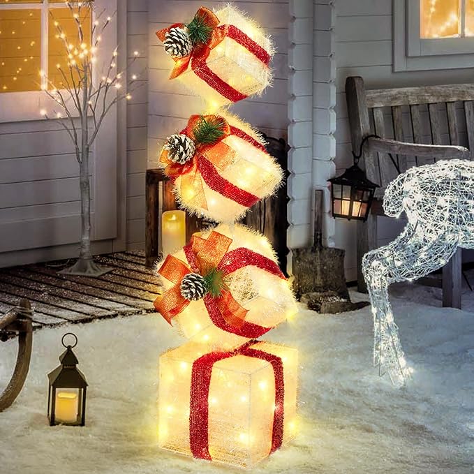 Christmas Lighted Gift Boxes Decorations Set of 4, 3.6Ft Stackable Christmas Nesting Boxes Battery Operated with Timer for Home and Party Decoration