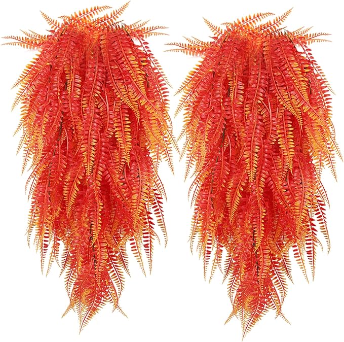 RECUTMS Artificial Hanging Plants 4Pcs Fake Boston Fern Real Touch Faux Greenery Leaves UV Resistant Plastic Ivy Vines for Patio Wall Home Garden Wedding Indoor Outdoor Decor (A-Gold)