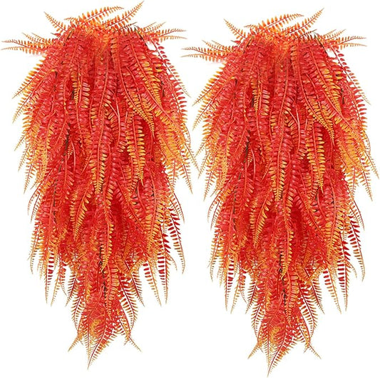 RECUTMS Artificial Hanging Plants 4Pcs Fake Boston Fern Real Touch Faux Greenery Leaves UV Resistant Plastic Ivy Vines for Patio Wall Home Garden Wedding Indoor Outdoor Decor (A-Gold)