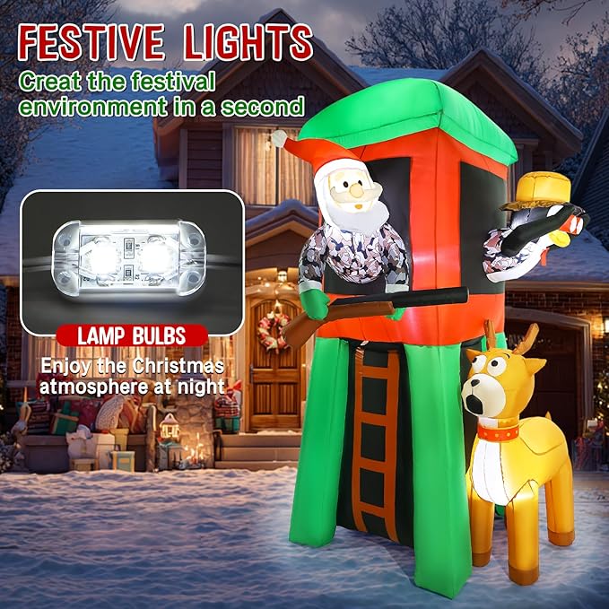 Christmas Inflatable Outdoor Decorations, 7FT Inflatables Camouflage Santa Claus Deer Hunter Yard Decor with Penguin, LED Lights Blow up Giant Reindeer for Holiday Indoor Outside Lawn Garden