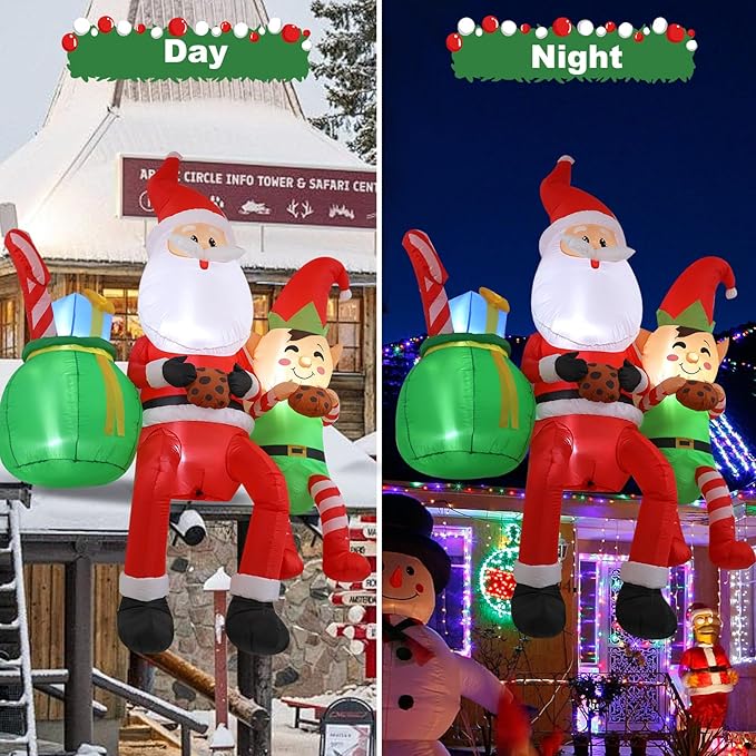 8FT Santa Claus Sitting on The Roof Christmas Inflatable Decoration with LED Lights, Suitable for Holiday Celebration Decorations in Courtyards, Lawns, Terraces, etc.