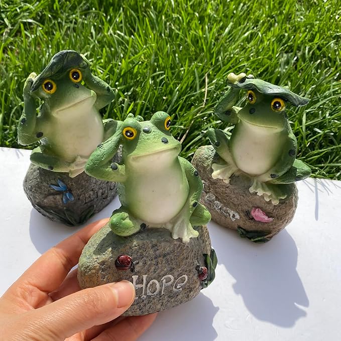 Inspirational Frogs Garden Statues, 3 Pack Frog Sitting on Stone Sculptures Outdoor Decor for Patio, Yard, Pond & Fairy Garden
