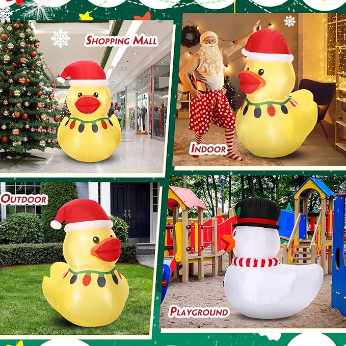 Leyndo 1 Set 5FT Christmas Inflatables Decoration Outdoor Inflatables Duck with Build-in LEDs Lights Giant Blow up Duck Wear Classic Christmas Hat for Mall Garden Patio Lawn Indoor Party