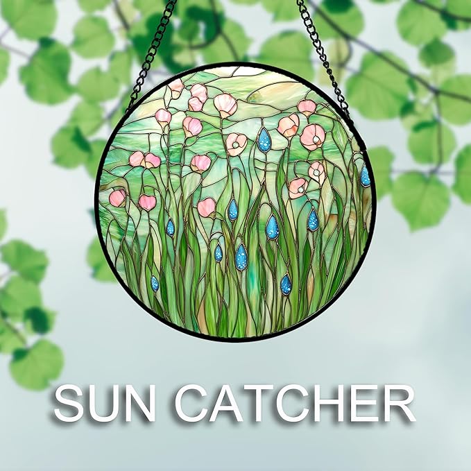 Stained Glass Window Hanging 4 Pcs Set Pink Green Spring Saplings Flowers 6.3" - Suncatcher Door Garden Sun Catcher Home Decor Mother's Day for Woman Nana Mom Men