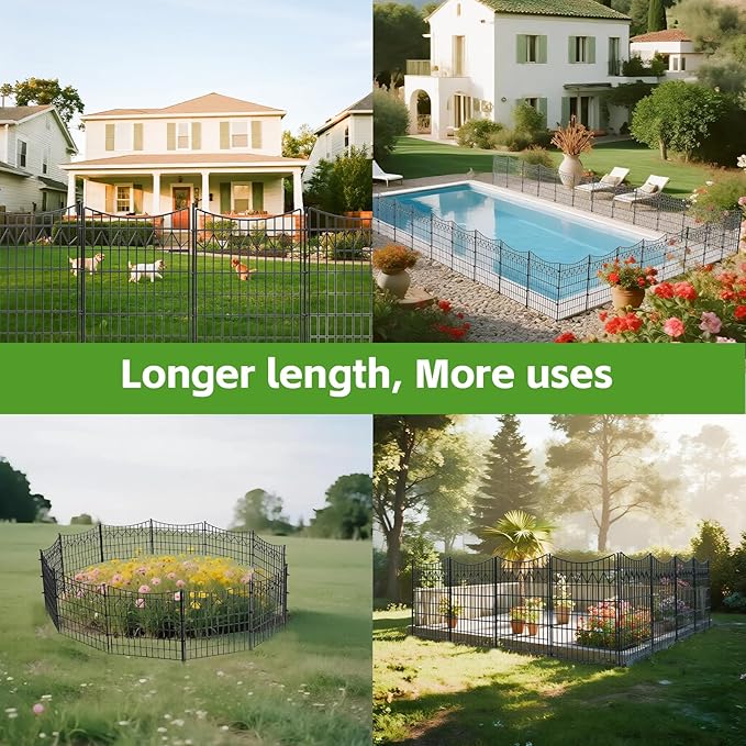 12 Panels Outdoor Dog Fence with gate, 36in(H)×27ft(L) Tall Decorative No Dig Fence | Rustproof Metal Fence Borders | Heavy Duty Reusable Defense Animal Barrier Fence for Yard, Patio, Black