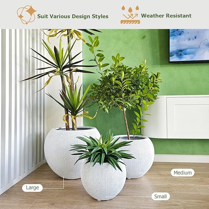 12.8" H x 16" D Globo Fiberstone Round Planter - Christmas Tree Planter, Ribbed Finish, Planters for Indoor Plants & Outdoor, 2 Extra Coco Mats (Speckled White, 10.7" Pot Opening)