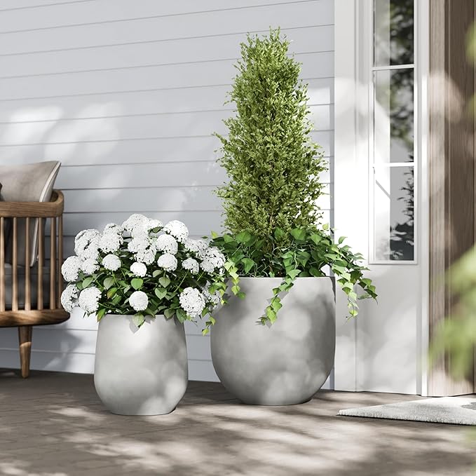 DTY Signature Mount Wilson Lightweight and Durable Modern Fiberstone Tapered Planter for Indoor Outdoor Drainage Hole & Rubber Plug Weather Resistant,16.7" H x 15" Dia, 11.7" Opening - Medium, Gray