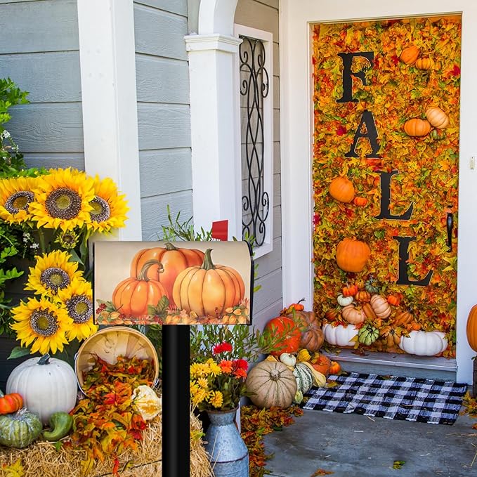 Autumn Fall Pumpkin Mailbox Cover, Thanksgiving Waterproof 25.1" Lx 21" W Magnet Mailboxes Cover, Large Size Mailbox Wraps Post Letter Box Case Garden Yard Outdoor Decorations
