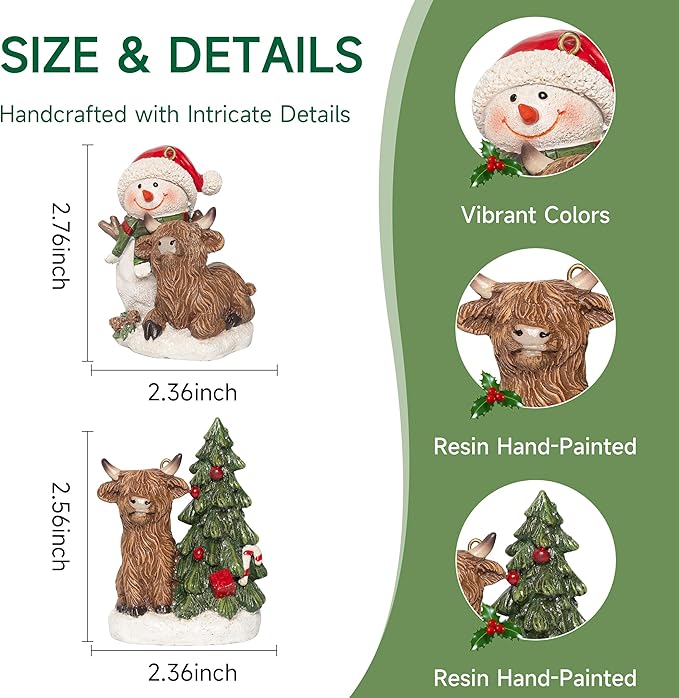 Christmas Highland Cow Figurines Decor, 2 PCS Small Christmas Cows with Snowman/Tree, Hanging Ornaments Xmas Resin Statue for Garden Bathroom Kitchen Home Table Decorations