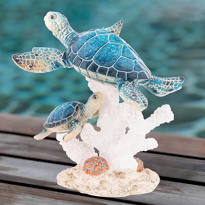 Sea Turtle Decor Figurine Blue Turtles Swimming on Coral Reef Base Beach House Coastal Decor