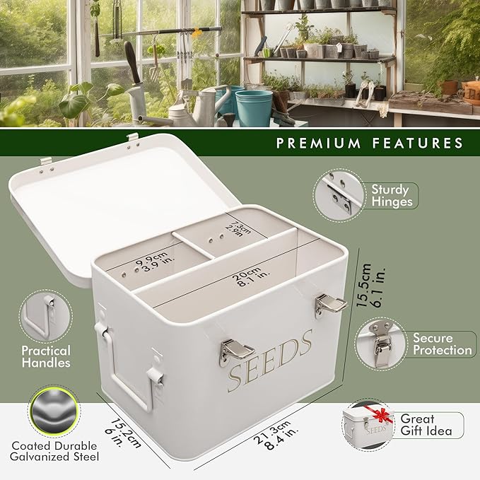 Garden Seed Storage Box with Dividers Seeds Packet Organizer Case for Gardening 3 Inner Slot Bird Plant or Vegetable Seed Container Saver Tin – White Galvanized Metal with Envelopes & Labels