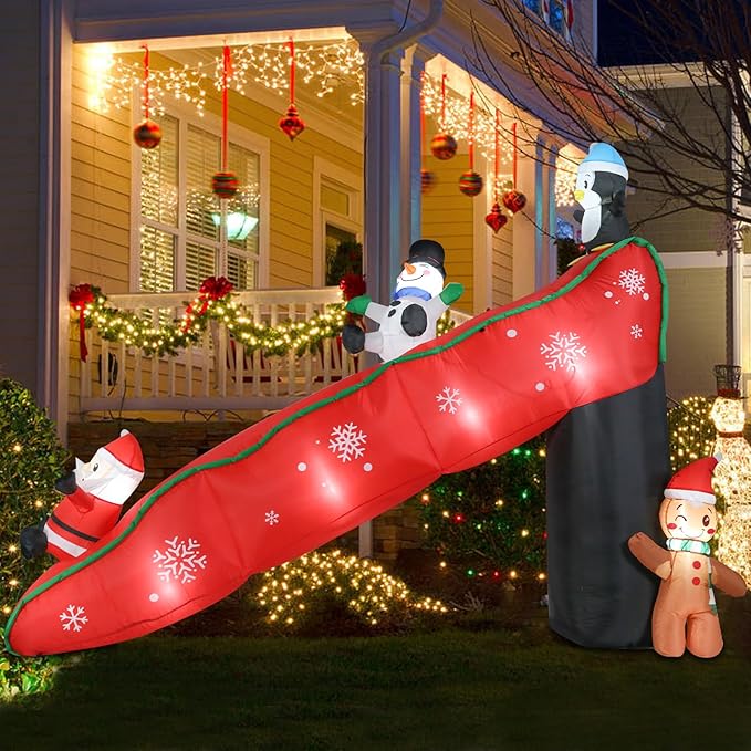 9.7 Ft Long Christmas Inflatables Christmas Blow Up Yard Decorations Christmas Inflatable Santa Clause Snowman Penguin Gingerbread Man Play on Slide Lighted Up Yard Lawn Garden Home Party Decor