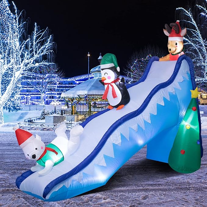 8.2 FT Tall Inflatable Christmas Decorations - Christmas Inflatables Outdoor Decorations, Penguin Holiday Spirit Inflatable Slide with LED Light Blow Up Yard Decorations