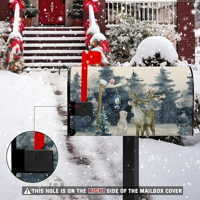 Winter Deer Mailbox Cover Bear Bird Mail Box Covers Magnetic Green Tree Mailbox Wraps 25.5x21 inch Outdoor Decor for Garden Yard