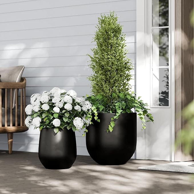 DTY Signature Mount Wilson Lightweight and Durable Modern Fiberstone Tapered Planter for Indoor Outdoor Drainage Hole & Rubber Plug Weather Resistant, 11.8" H x 11" Dia (8" Opening) - Small, Black