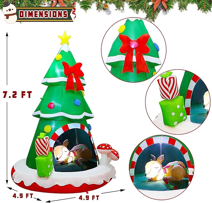 Joliyoou Christmas Inflatable Decoration, 7.2FT H Air-Blown Lighted Christmas Tree Sleeping Inside A Deer, Jumbo Blow Up Xmas Tree Adorned with Red Bow Gift Boxes for Outdoor Indoor Decor