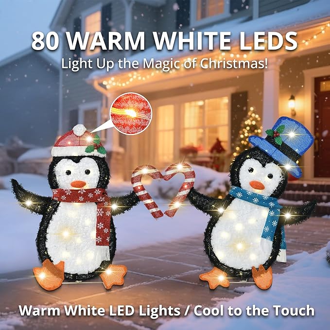 32" H Penguin Lights Outdoor Christmas Decorations, 2D Pre-lit Cute Holiday Lawn Lights Decors, Flat Xmas Yard Decor, 80 Warm White LEDs, Perfect for Garden, Driveway, Porch, 2-Piece Set