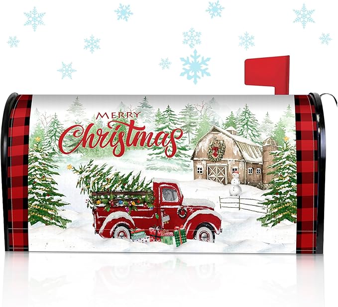 Blosssound Merry Christmas Magnetic Mailbox Cover Xmas Red Truck Mailbox Covers Decor Snowflakes Red Plaid Print Christmas Post Box Standard Size 21 X18 Inch Garden Yard Outdoor Decoration