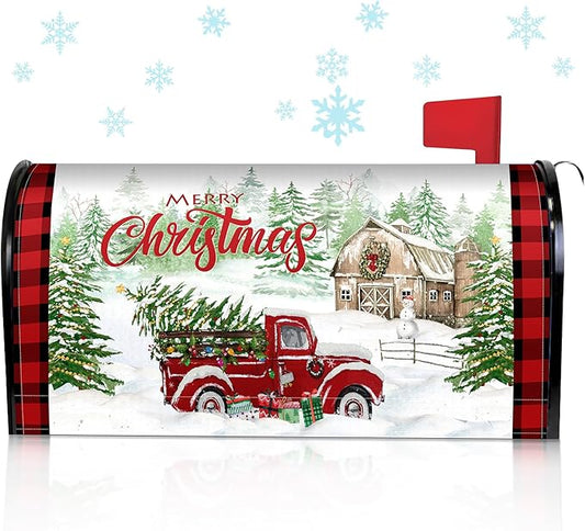 Blosssound Merry Christmas Magnetic Mailbox Cover Xmas Red Truck Mailbox Covers Decor Snowflakes Red Plaid Print Christmas Post Box Standard Size 21 X18 Inch Garden Yard Outdoor Decoration
