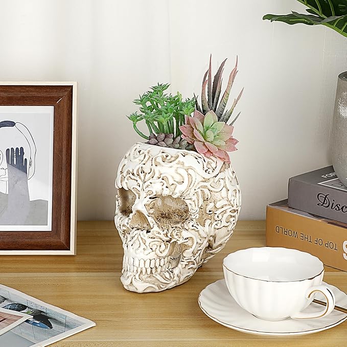 OwnMy Resin Skull Planter for Indoor Plants, White Skull Flower Succulent Pot with Drainage Holes, Halloween Skulls Head Planter Decorative Small Succulents Planters Pot for Tabletop