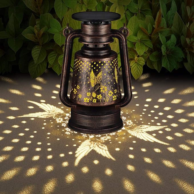 Solar Lantern Outdoor Hanging Vintage LED Waterproof Camping Light with Beautiful Graphics Landscape Decor for Yard,Patio,Porch,Lawn,Tabletop(02 - Hummingbird)