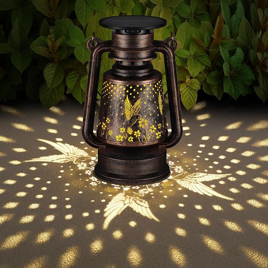 Solar Lantern Outdoor Hanging Vintage LED Waterproof Camping Light with Beautiful Graphics Landscape Decor for Yard,Patio,Porch,Lawn,Tabletop(02 - Hummingbird)