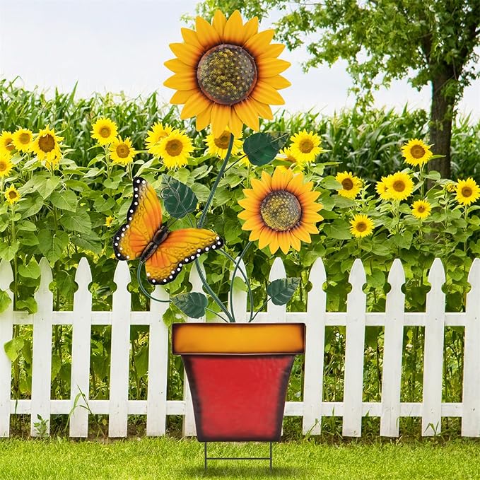pearlstar Sunflower Decorative Garden Stake 44 Inches Large Metal Art Outdoor Yard Decor Flower Pot Design for Outside Garden Lawn Patio Proch Ornaments,Butterfly