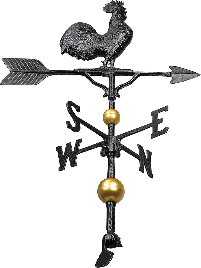 Montague Metal Products - 32'' Aluminum Deluxe 3D Rooster Weathervane 300 Series - Wind Vane with Ornament - Roof Metal Decor - Mount Included (4 to Choose from) - Hand Cast Aluminum (Black)