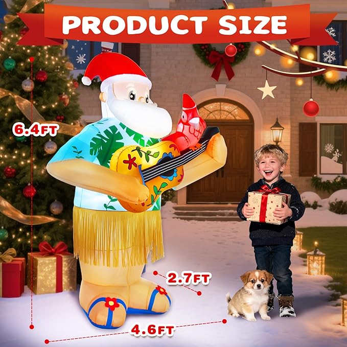 6.4FT Christmas Inflatables Santa Claus Playing Guitar Santa Parrot Outdoor Decorations Blow Up Yard Xmas Decor with Built-in LED Lights for Holidays Lawn Home Indoor Outside
