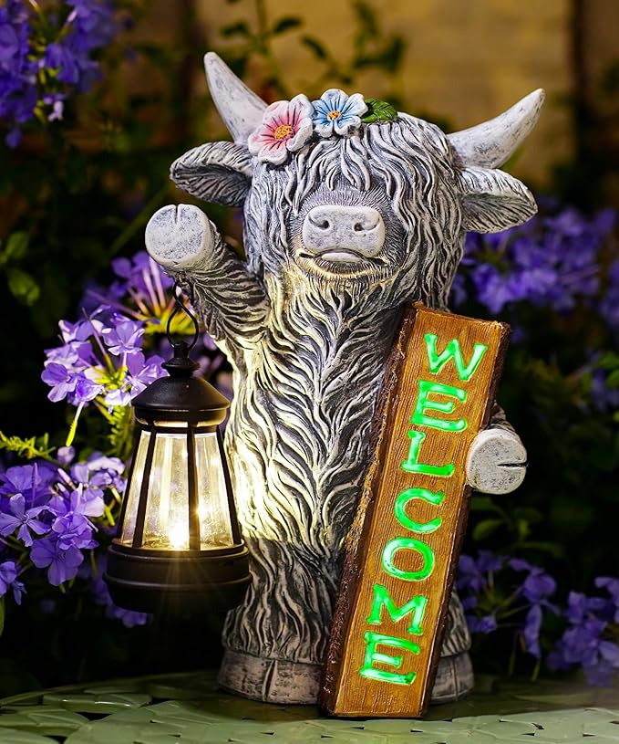 Nacome Highland Cow Garden Statue for Decor: Outdoor Sculpture with Solar Lantern and Welcome Sign for Outside Ornament Yard Art Lawn Porch Patio Balcony - Birthday Gifts for Women Mom(Gray)
