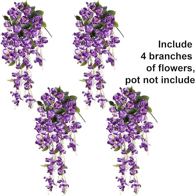 Artificial Hibiscus Fake Hanging Flowers Plants for Outdoors Spring Summer Decor, 4pcs Purple Silk Hibiscus Long Trailing Vines UV Resistant Realistic Faux Flower for Outside Front Door Porch Patio