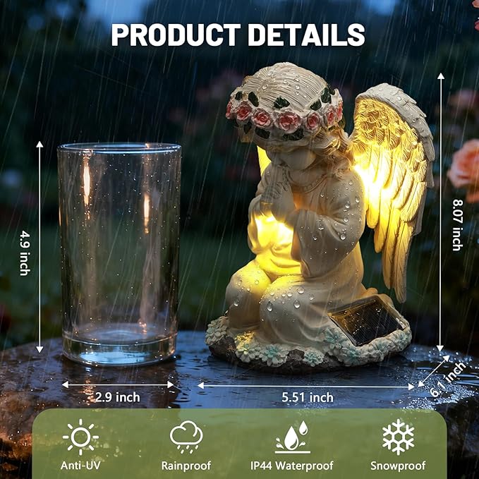 Solar Angel Prayer Statue, Memory Guardian Garden Decor with Warm Light - Religious Outdoor Decor, Auto On/Off LED Light, Memorial Gift for Cemetery, Patio & Gravesite