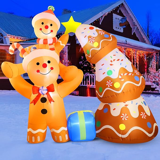 7.2 FT Christmas Inflatables Yard Decorations Outdoor Gingerbread Man and Christmas Tree Inflatables Decorations Built-in LED Lights, Christmas Blow Up for Outdoor, Yard, Roof, Lawn